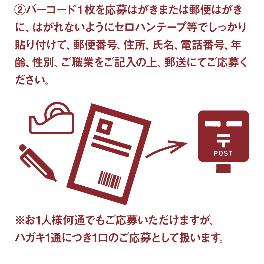 ②バーコード１枚を応募はがきまたは郵便はがきに、はがれないようにセロハンテープ等でしっかり貼り付けて、郵便番号、住所、氏名、電話番号、年齢、性別、ご職業をご記入の上、郵送にてご応募ください。※お1人様何通でもご応募いただけますが、ハガキ1通につき1口のご応募として扱います